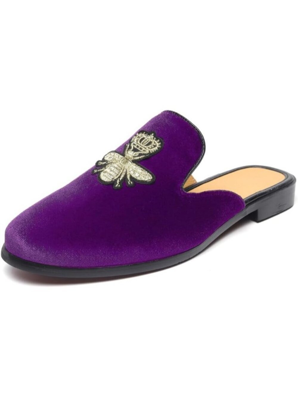 Men's Purple Rubber Sole Velvet Leather Crown Embroidery Slip On Loafer Slippers